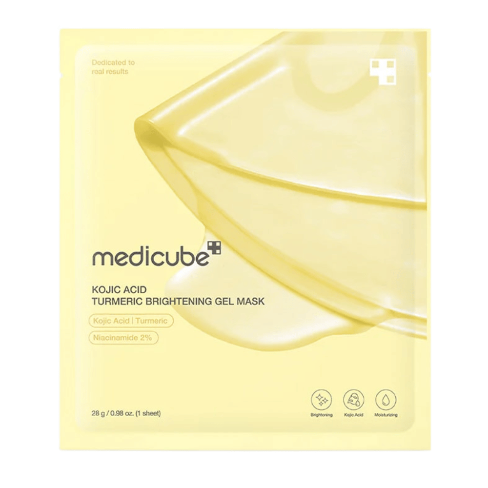 Medicube Kojic Acid Turmeric Brightening Gel Mask – keltainen pakkaus, jossa on kuvia geelinaamiosta ja selkeät ainesosamerkinnät.
