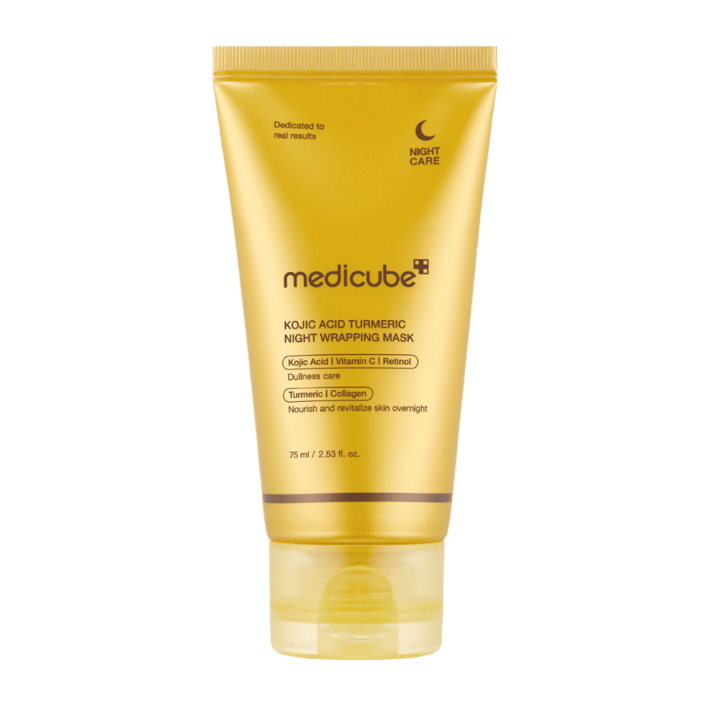 Medicube Kojic Acid Turmeric Night Wrapping Mask 75 ml kullanvärisessä pakkauksessa, jossa on kojic-happoa, kurkumaa, C-vitamiinia ja kollageenia yölliseen heleydenhoitoon.