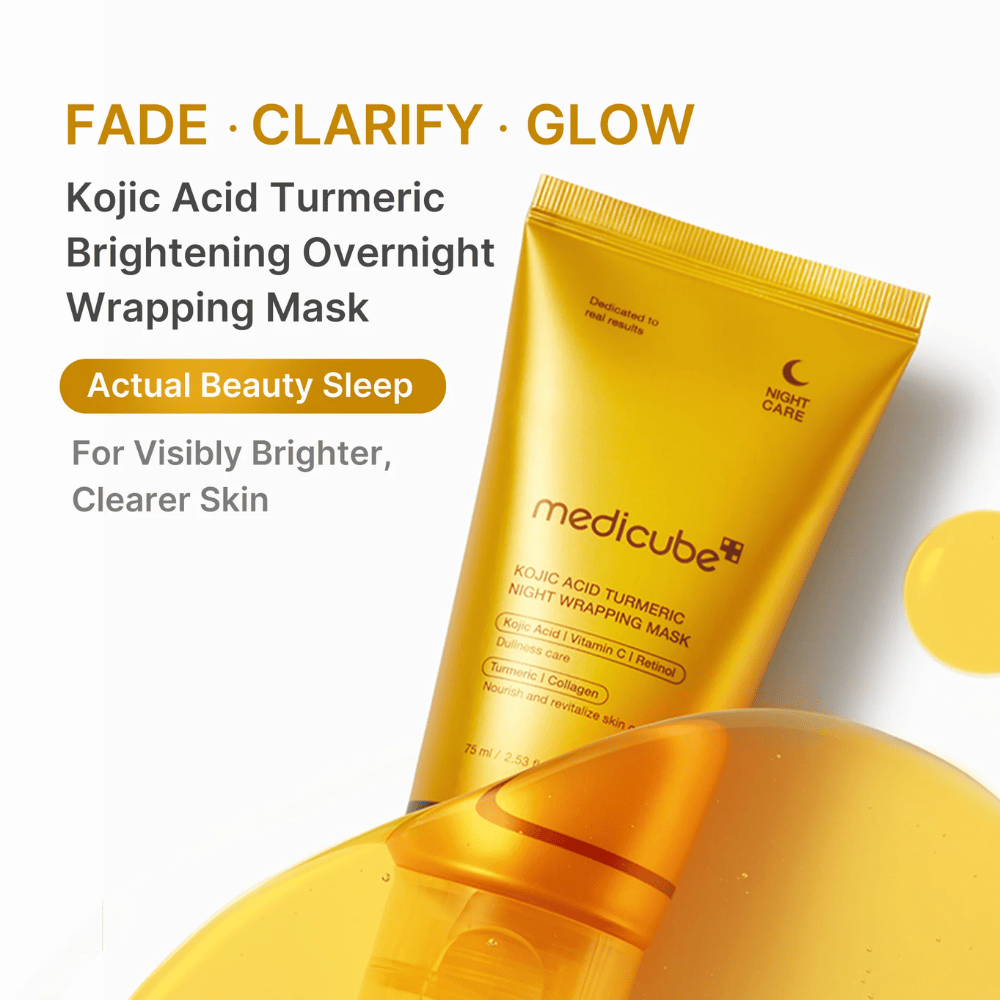 Medicube Kojic Acid Turmeric Night Wrapping Mask kullanvärisessä tuubissa yölliseen ihonhoitoon, joka auttaa saamaan kirkkaamman, tasaisemman ja säteilevämmän ihon.