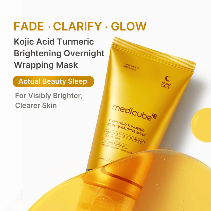 Medicube Kojic Acid Turmeric Night Wrapping Mask kullanvärisessä tuubissa yölliseen ihonhoitoon, joka auttaa saamaan kirkkaamman, tasaisemman ja säteilevämmän ihon.