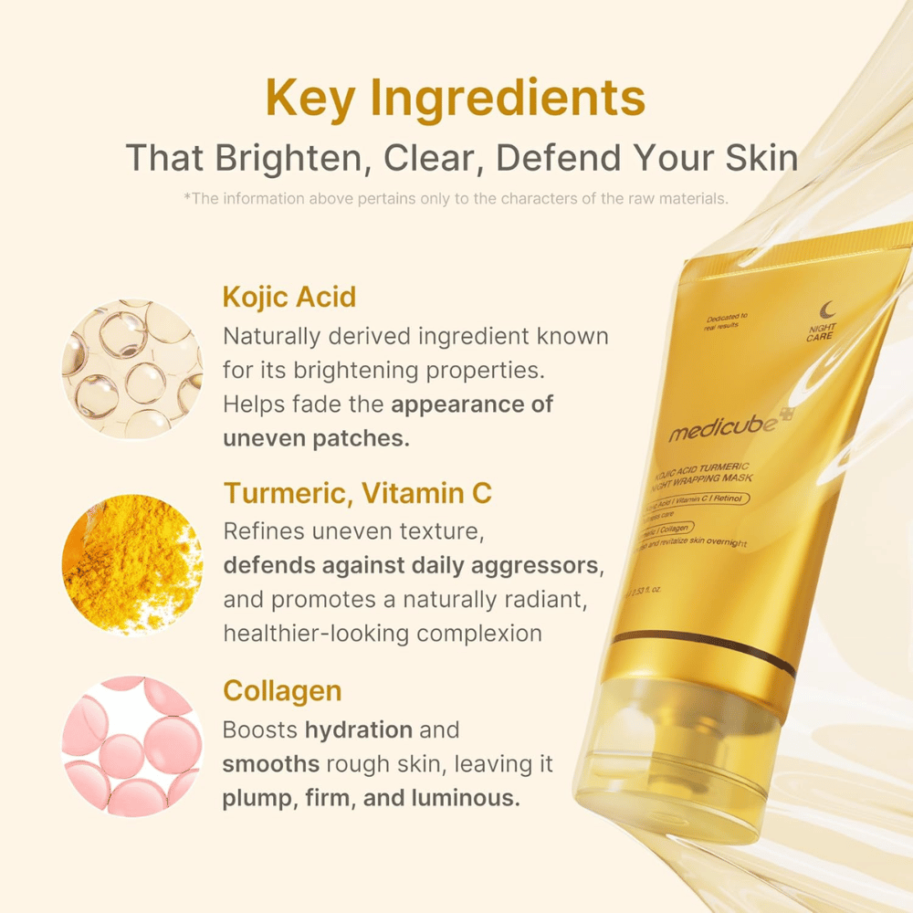Medicube Kojic Acid Turmeric Night Wrapping Mask kojic-hapolla, kurkumalla, C-vitamiinilla ja kollageenilla heleyttä, kosteutusta ja tasaisempaa ihonsävyä varten.