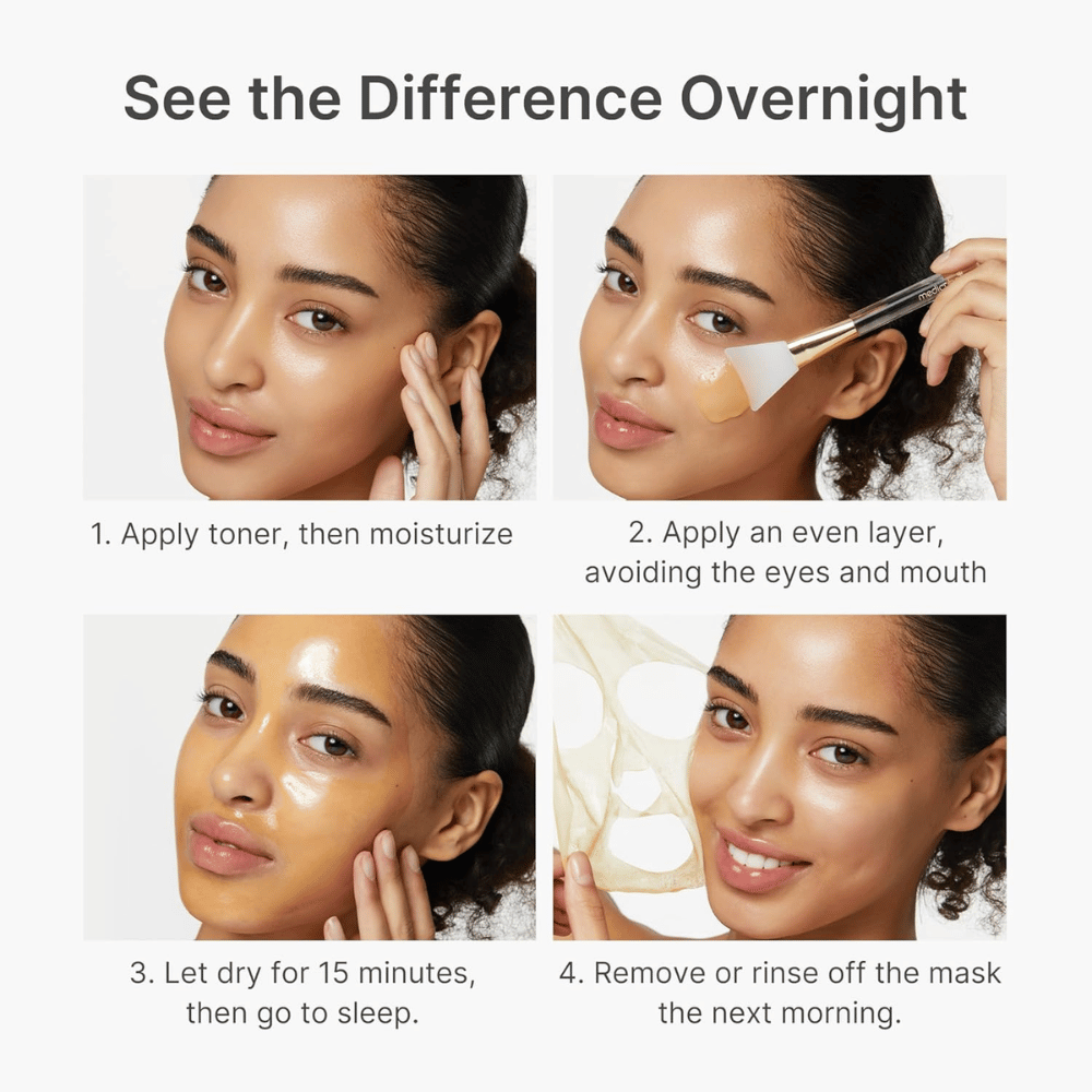 Medicube Kojic Acid Turmeric Night Wrapping Mask levitetään yönaamiona neljässä vaiheessa kirkkaamman, tasaisemman ja säteilevämmän ihon saamiseksi yön aikana.