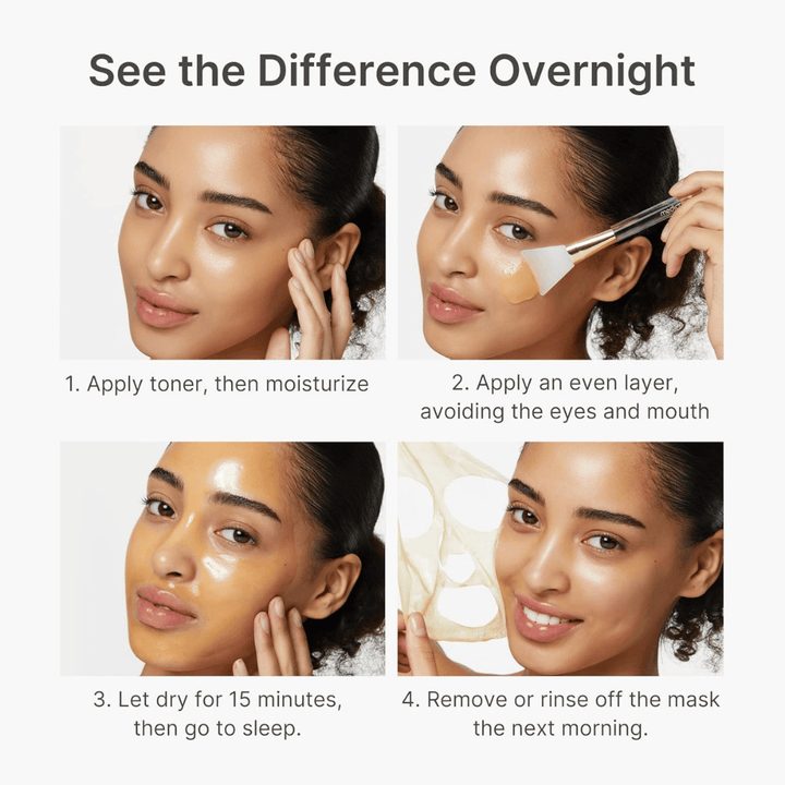 Medicube Kojic Acid Turmeric Night Wrapping Mask levitetään yönaamiona neljässä vaiheessa kirkkaamman, tasaisemman ja säteilevämmän ihon saamiseksi yön aikana.