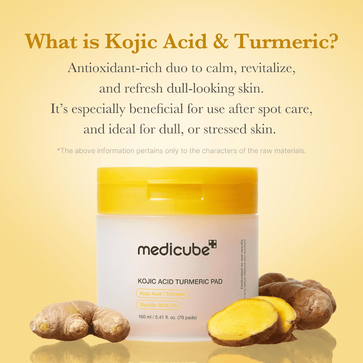 Tietokuva tuotteelle Medicube Kojic Acid Turmeric Pad, jossa keskitytään kojiinihappoon ja kurkumaan antioksidanttipitoisina ainesosina hehkua, rauhoittavaa vaikutusta ja virkistynyttä ihoa varten.