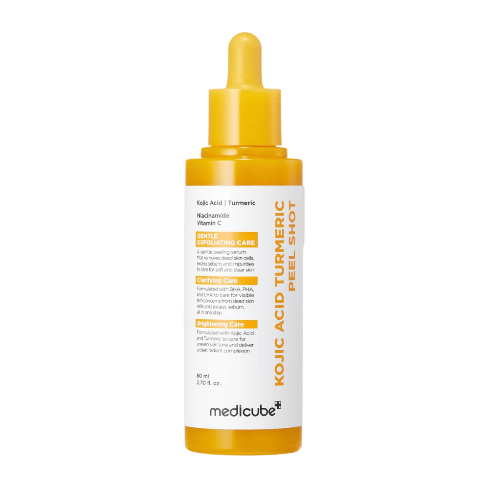 Medicube Kojic Acid Turmeric Peel Shot 80 ml – kuoriva kasvojen kuorinta, jossa on kojiinihappoa, kurkumaa, niasiiniamidia ja C-vitamiinia.