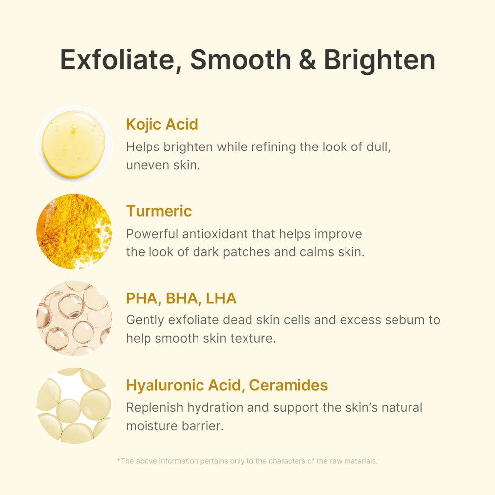 Medicube Kojic Acid Turmeric Peel Shot jossa on kojiinihappoa, kurkumaa, PHA:ta, BHA:ta, LHA:ta, hyaluronihappoa ja keramideja.