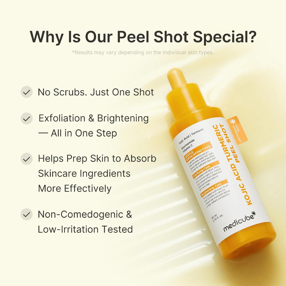 Medicube Kojic Acid Turmeric Peel Shot – kuoriva kasvojen kuorinta, jossa on kojiinihappoa ja kurkumaa tasaisemman ihonsävyn, hehkun ja sileämmän ihon saavuttamiseksi.