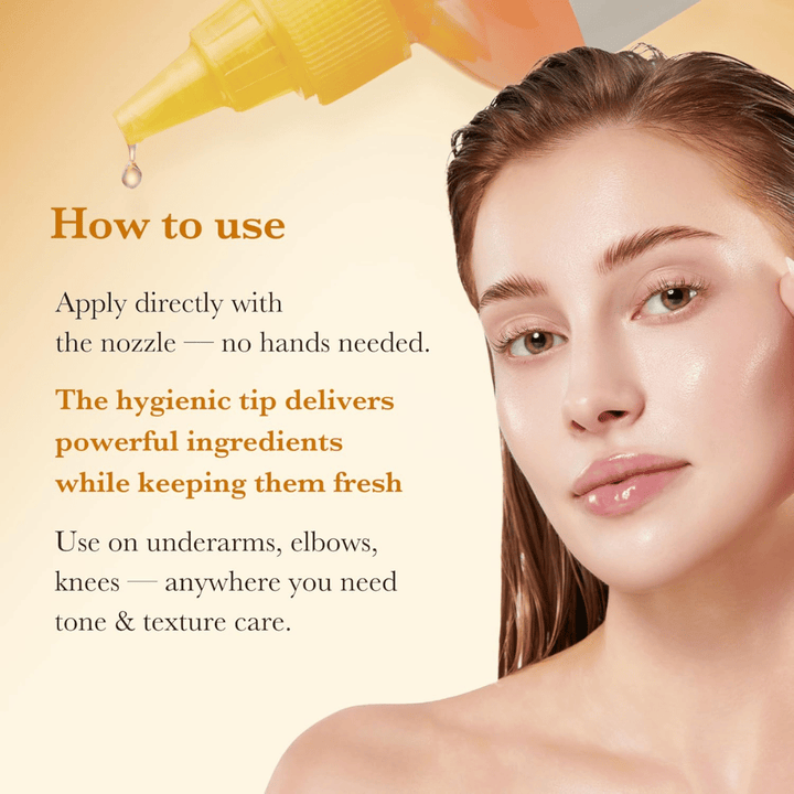 Käyttökuva tuotteelle Medicube Kojic Acid Turmeric Resurfacing Toner, joka näyttää hygieenisen levityksen suoraan kärkiapplikaattorilla ihonsävyn ja ihon rakenteen hoitoon esimerkiksi kyynärpäissä ja polvissa.
