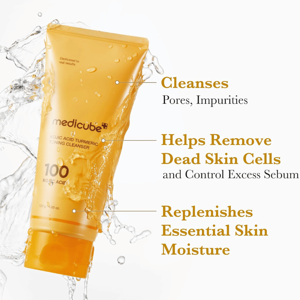 Medicube Kojic Acid Turmeric Toning Cleanser 120 g, kasvojenpuhdistusaine, joka poistaa epäpuhtauksia ja kuolleita ihosoluja. Keltainen tuubi vesiroiskeilla.