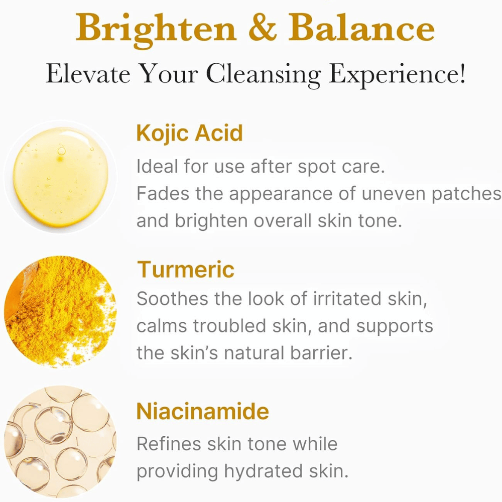 Medicube Kojic Acid Turmeric Toning Cleanser, jossa on kojic-happoa, kurkumaa ja niasiiniamidia. Ainesosakatsaus tasaisempaa ihonsävyä varten.