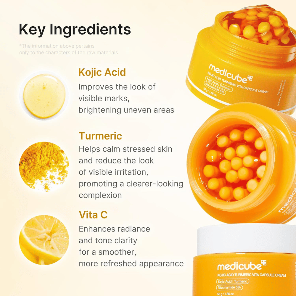 3. Medicube Kojic Acid Turmeric Vita Capsule Cream – kasvovoide, jossa on koijihappoa, kurkumaa ja C-vitamiinia tasaisemman ihonsävyn saamiseksi