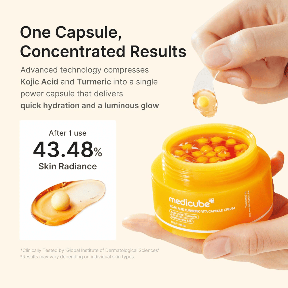 1. Medicube Kojic Acid Turmeric Vita Capsule Cream – kasvovoide tiivistetyillä kapseleilla kosteutukseen ja lisääntyneeseen hehkuun