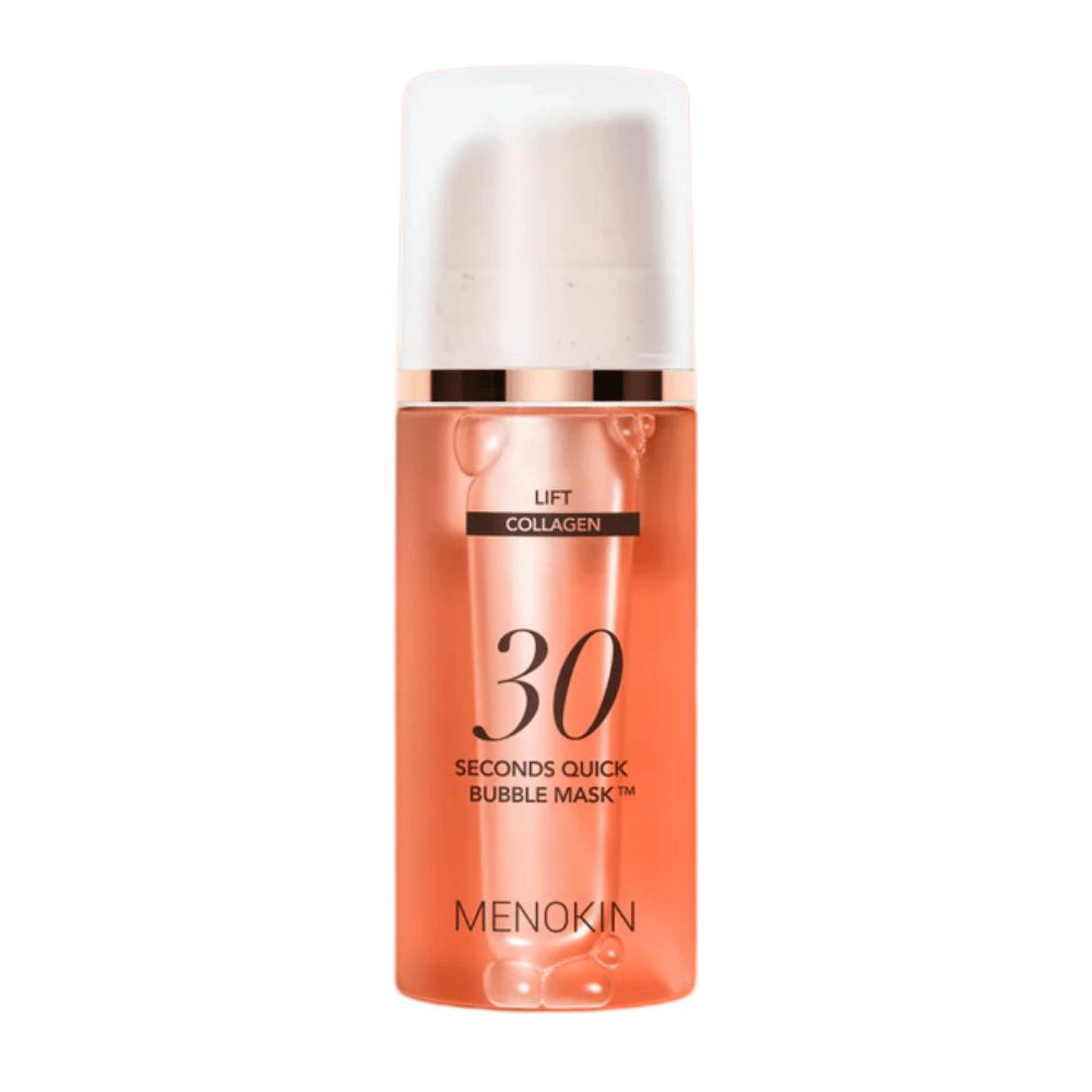 Irrotettu tuotekuva tuotteesta MENOKIN LIFT 30 Seconds Quick Bubble Mask, joka tuo selkeästi esiin tyylikkään oranssin muotoilun ja pumppupakkauksen.