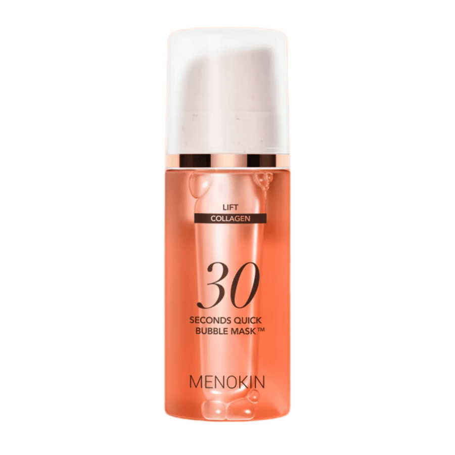 Irrotettu tuotekuva tuotteesta MENOKIN LIFT 30 Seconds Quick Bubble Mask, joka tuo selkeästi esiin tyylikkään oranssin muotoilun ja pumppupakkauksen.