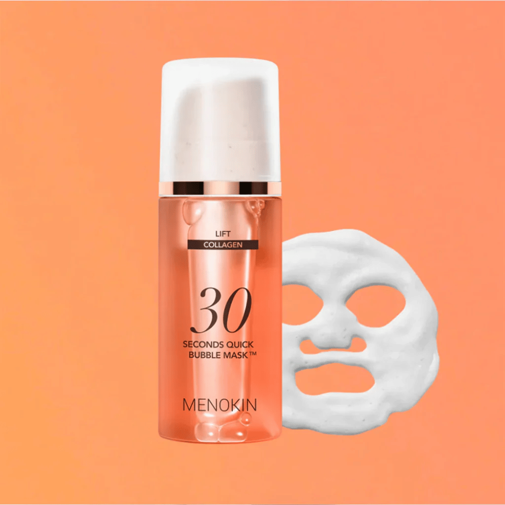 Tuotekuva tuotteesta MENOKIN LIFT 30 Seconds Quick Bubble Mask oranssilla taustalla ja vaahtonaamion muodolla, joka symboloi nopeaa ja tehokasta kasvonaamiota vain 30 sekunnissa.