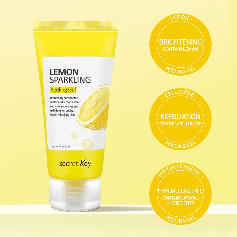 Secret Key Lemon Sparkling Peeling Gel – sisältää sitruunaa ja selluloosaa kuorintaan, hehkuun ja pehmeämpään ihoon, hellävarainen herkälle iholle.