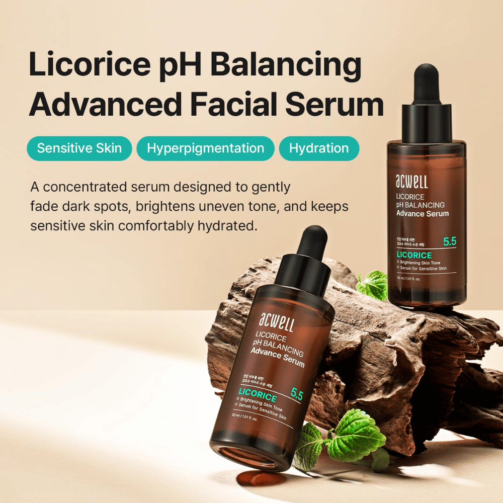 Markkinointikuva tuotteelle Acwell Licorice pH Balancing Advance Serum, jossa keskitytään herkkään ihoon, hyperpigmentaatioon ja kosteutukseen.