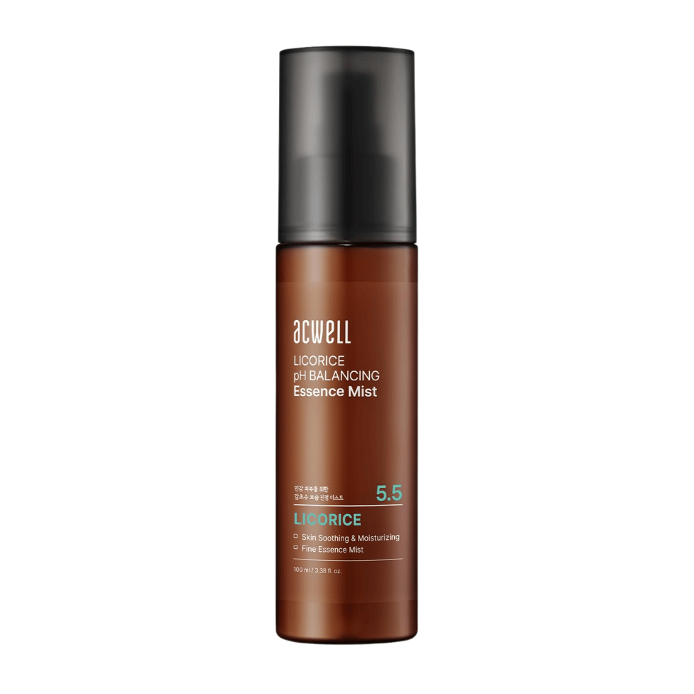 Tuotekuva tuotteesta Acwell Licorice pH Balancing Essence Mist ruskeassa suihkepullossa. Kosteuttava essence mist -suihke, jossa on lakritsiuutetta ja ihoa tasapainottava pH 5,5, joka auttaa rauhoittamaan ja virkistämään ihoa.
