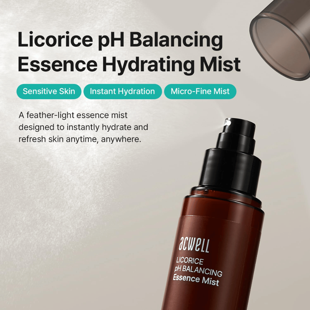 Acwell Licorice pH Balancing Essence Mist keskittyen herkkään ihoon, intensiiviseen kosteutukseen ja mikohienoon suihketeknologiaan. Virkistävä essence mist -suihke, joka kosteuttaa ihoa milloin tahansa päivän aikana.