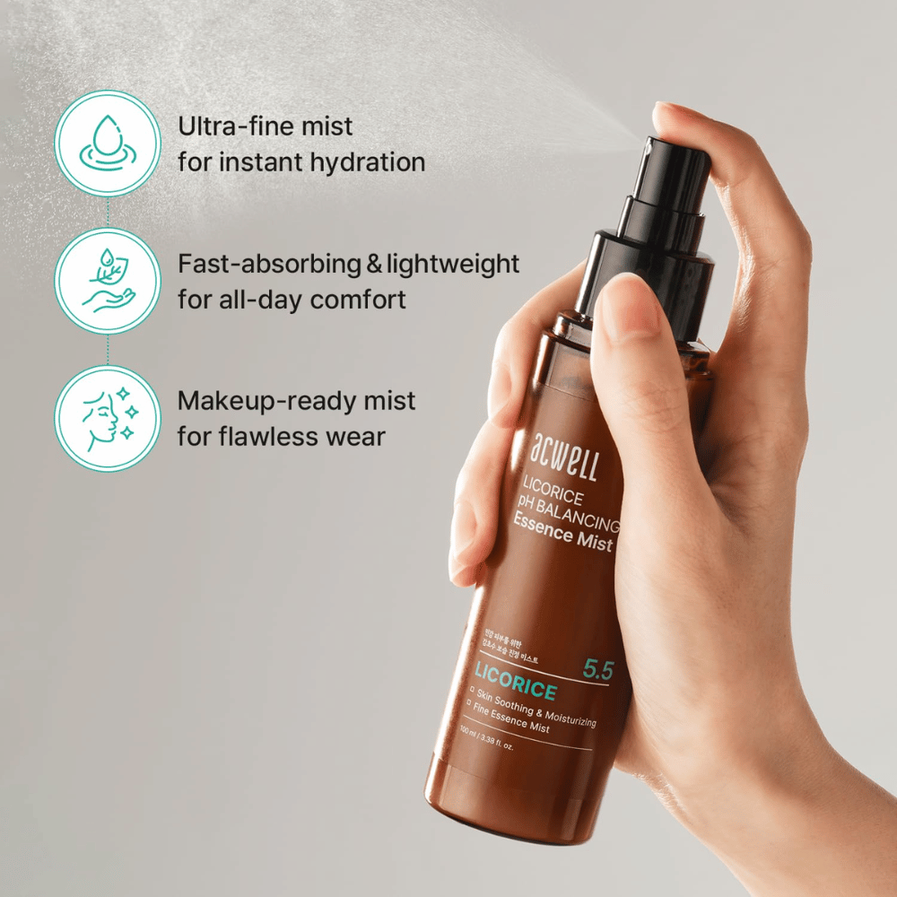 Acwell Licorice pH Balancing Essence Mist suihkutetaan hienojakoisena sumuna. Kevyt koostumus imeytyy nopeasti, antaa välitöntä kosteutusta ja toimii sekä meikin kanssa että ilman meikkiä.