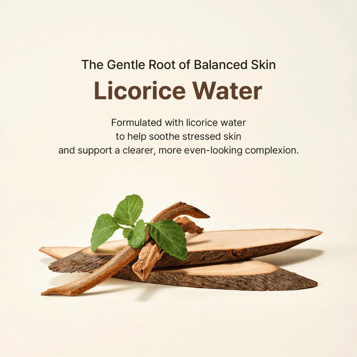 Lakritsinjuuri ja vihreät lehdet havainnollistavat tuotteen Acwell Licorice pH Balancing Essence Mist pääainesosaa. Lakritsivesi auttaa rauhoittamaan stressaantunutta ihoa ja edistää tasaisempaa ihonsävyä.