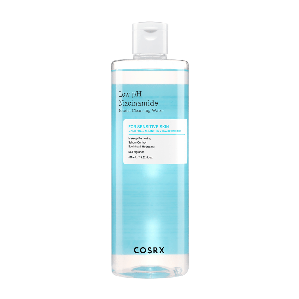 Pullo COSRX Low pH Niacinamide Micellar Cleansing Water, tarkoitettu herkälle iholle.