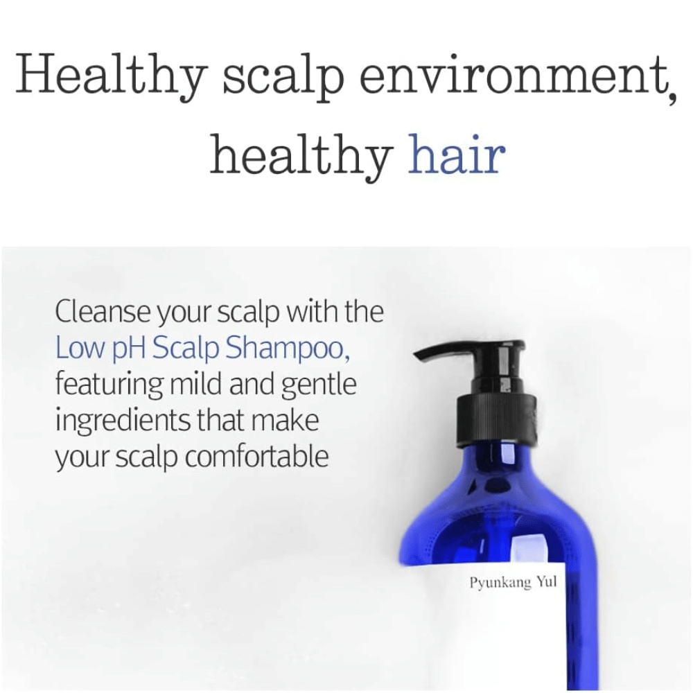 Informatiivinen kuva, joka korostaa tuotetta Pyunkang Yul Low pH Scalp Shampoo ja sen mietoa koostumusta tasapainoisen ja terveen hiuspohjaympäristön ylläpitämiseksi.
