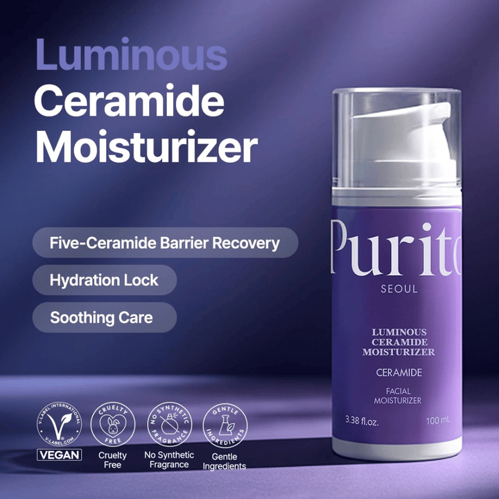 Purito Luminous Ceramide Moisturizer – korealainen kasvovoide, jossa on keramideja, jotka auttavat korjaamaan ihon suojakerrosta, lukitsemaan kosteuden ja antamaan tasaisemman ihon rakenteen.
