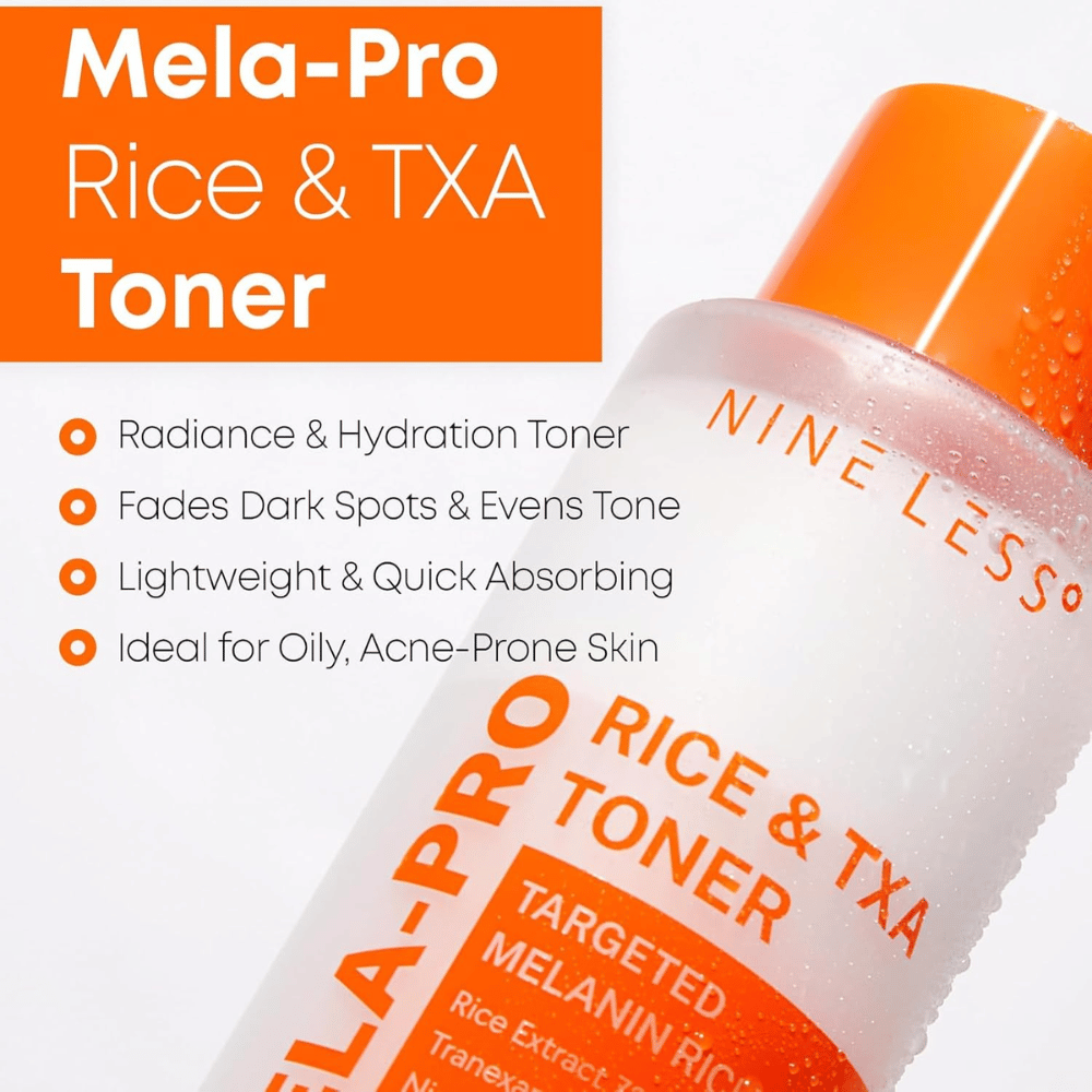 5. NINE LESS MELA-PRO Rice & TXA Toner – kosteuttava kasvovesi, joka auttaa vähentämään tummien läiskien ja epätasaisen ihonsävyn näkyvyyttä