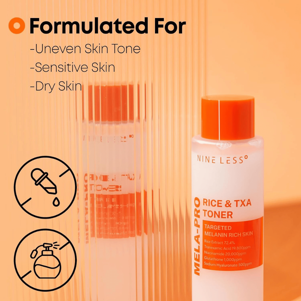 2. NINE LESS MELA-PRO Rice & TXA Toner – kasvovesi epätasaiselle ihonsävylle sekä herkälle ja kuivalle iholle, sisältää riisiuutetta ja traneksaamihappoa