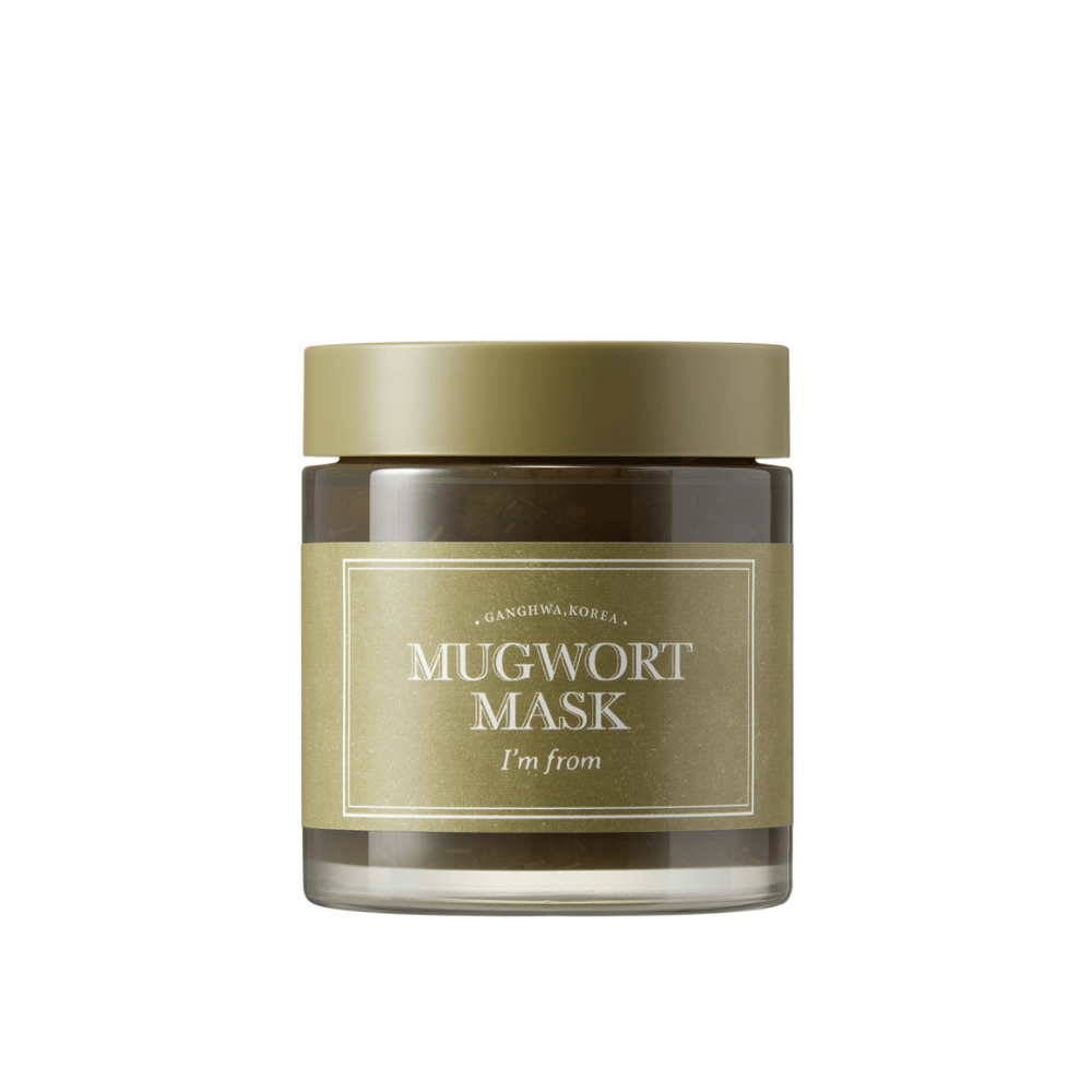 Tuotekuva I'm From Mugwort Mask – vihreä kasvonaamio lasipurkissa, jossa on oliivinvihreä kansi ja etiketti, kuvattuna valkoisella taustalla.