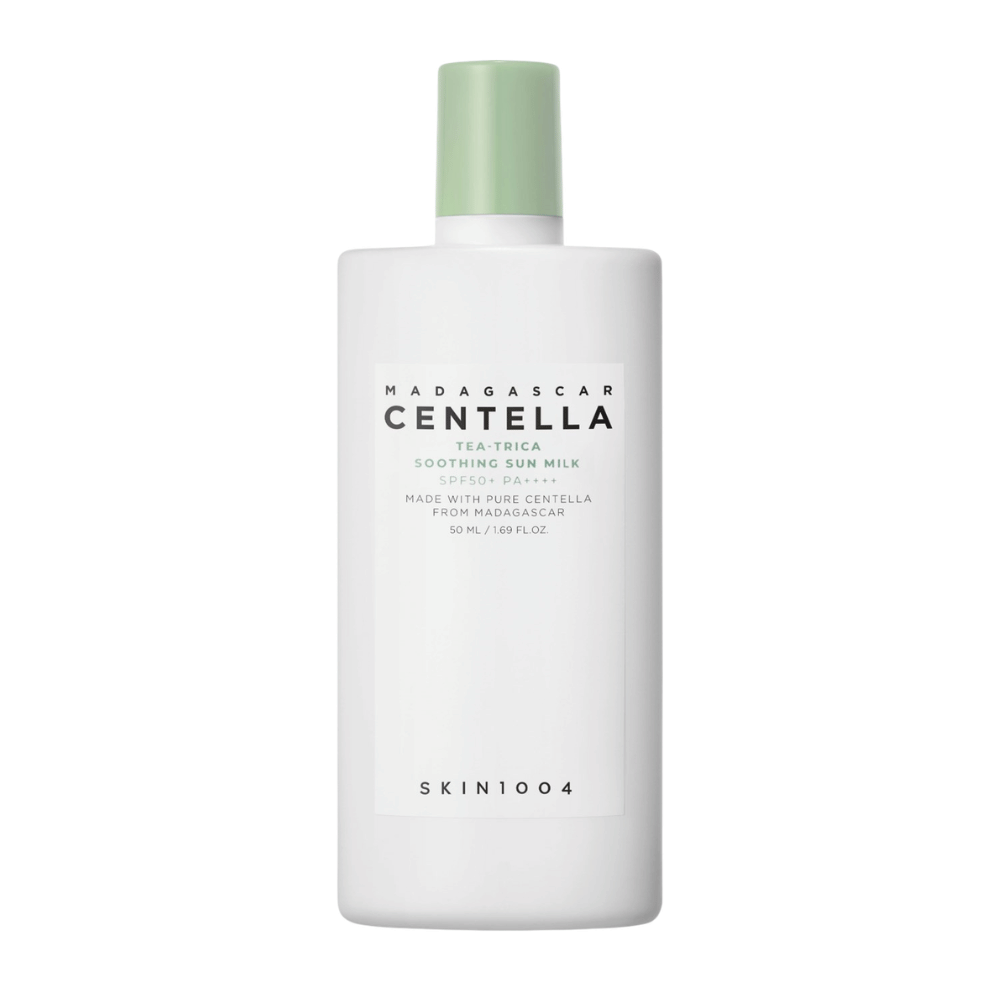 SKIN1004 Madagascar Centella Tea-Trica Soothing Sun Milk SPF50+ PA++++ aurinkovoide, jossa on Centella Asiaticaa ja Tea Tree