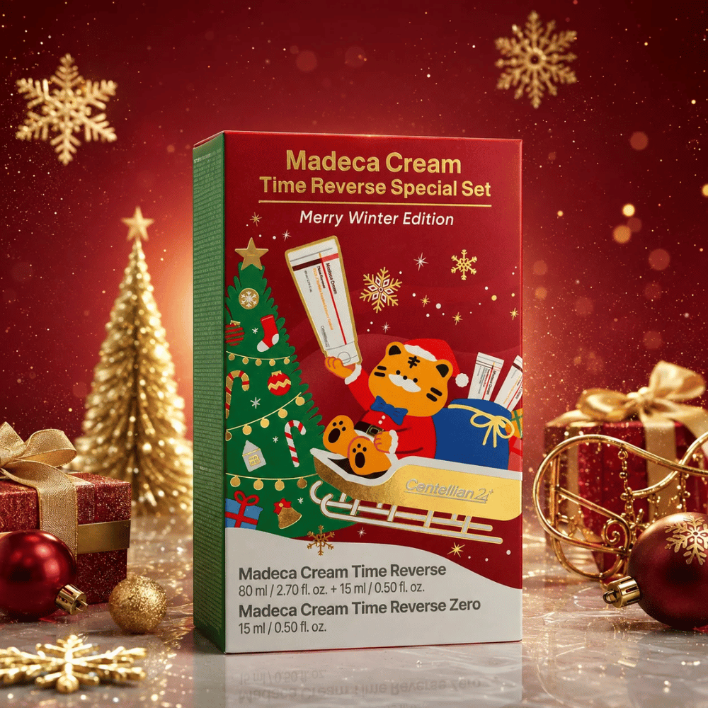 3. Centellian24 Madeca Cream Time Reverse Special Set Merry Winter Edition – joulupakkaus, jossa on joulukuusi, joululahjoja ja kultaisia yksityiskohtia
