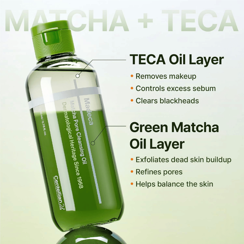 Centellian24 Madeca Matcha Pore Cleansing Oil kaksivaiheisella koostumuksella, joka liuottaa meikin ja talin