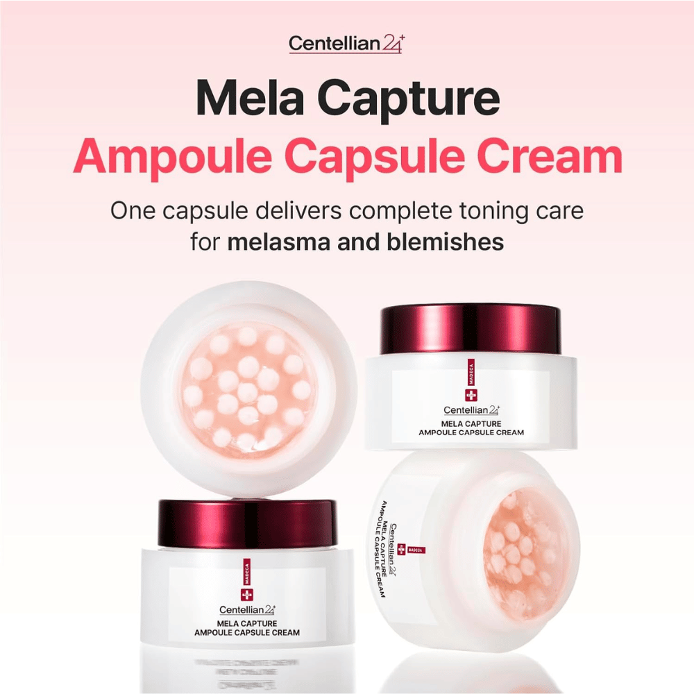 Tuotekuva tuotteesta Centellian24 Madeca Mela Capture Ampoule Capsule Cream, jossa keskitytään ampullikapseleihin ja koostumukseen, joka on kehitetty epätasaisen ihonsävyn ja pigmenttihäiriö hoitoon.