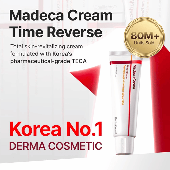 Centellian24 Madeca Cream Time Reverse esitetään Korean johtavana derma-voiteena TECA, yli 80 miljoonaa myytyä yksikköä ja keskittyminen ihon uudistamiseen ja suojakerroksen vahvistamiseen.