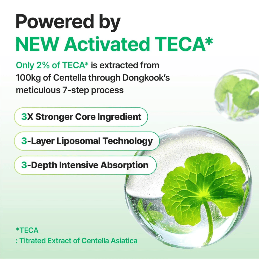 Grafiikka, joka selittää Activated TECA Centella Asiaticasta Centellian24 Madeca Creamissa, liposomiteknologialla, joka tarjoaa syvän imeytymisen ja vahvistaa ihon korjauskykyä.