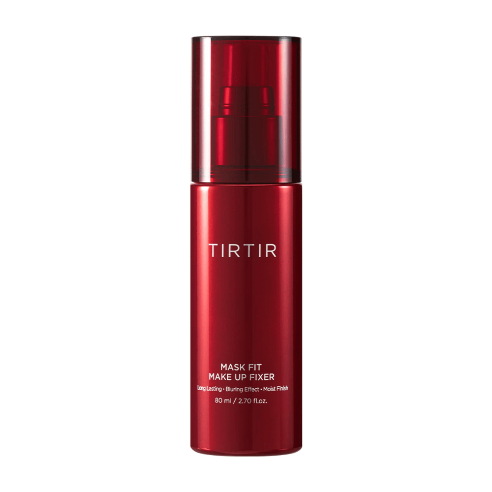 Punainen pullo TIRTIR Mask Fit Make Up Fixer valkoisella taustalla, suunniteltu pitkäkestoiseen meikin kiinnitykseen, jossa on blurraava vaikutus ja kosteuttava viimeistely.