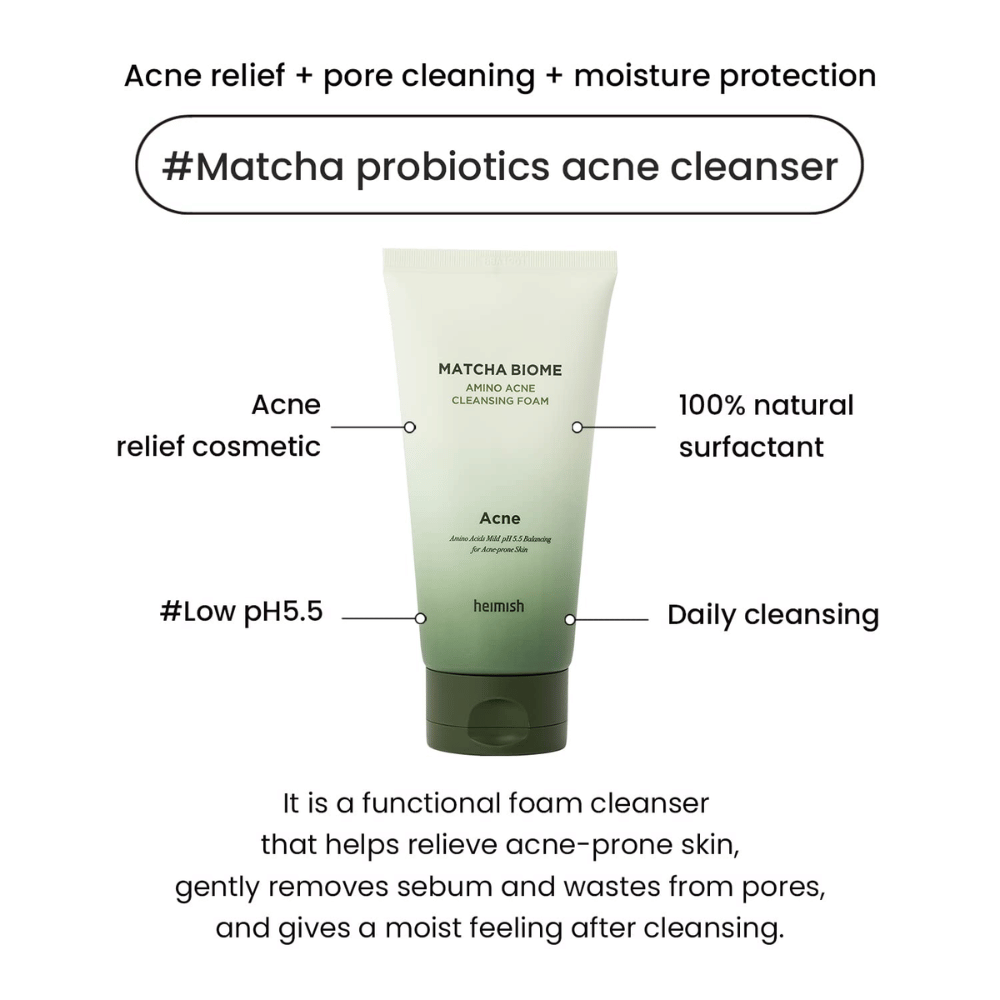 Heimish Matcha Biome Amino Acne Cleansing Foam low pH 5.5 – aknepuhdistusaine, joka puhdistaa huokoset, vähentää talia ja kosteuttaa ihoa