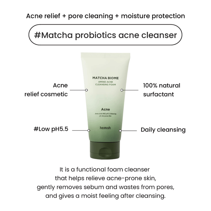 Heimish Matcha Biome Amino Acne Cleansing Foam low pH 5.5 – aknepuhdistusaine, joka puhdistaa huokoset, vähentää talia ja kosteuttaa ihoa