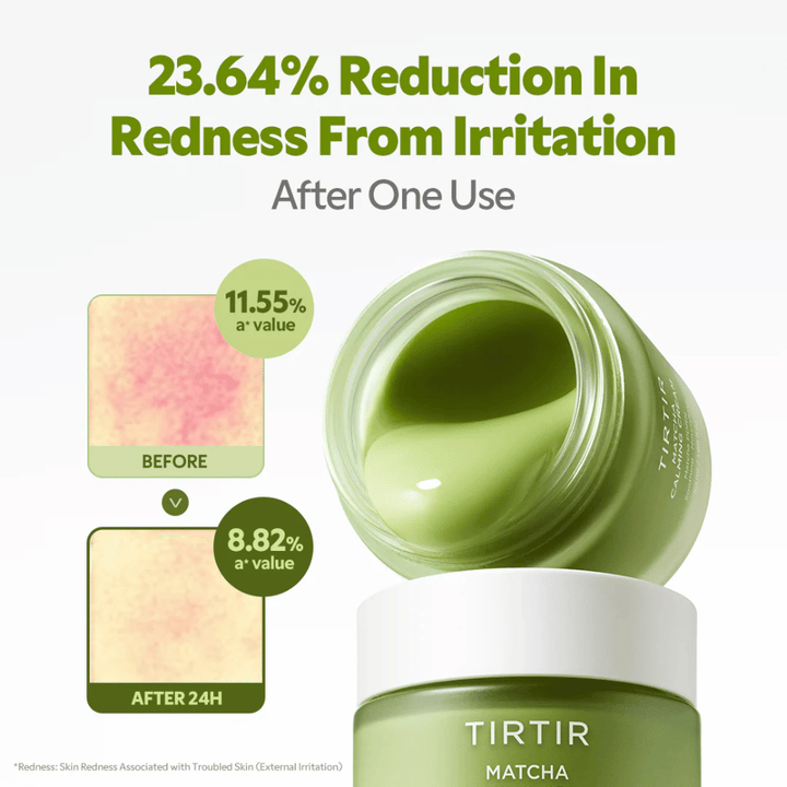 TIRTIR Matcha Calming Cream keramidi-, pantenoli- ja peptidiyhdisteillä, jotka kosteuttavat, vahvistavat ihon suojakerrosta ja parantavat ihon kimmoisuutta.