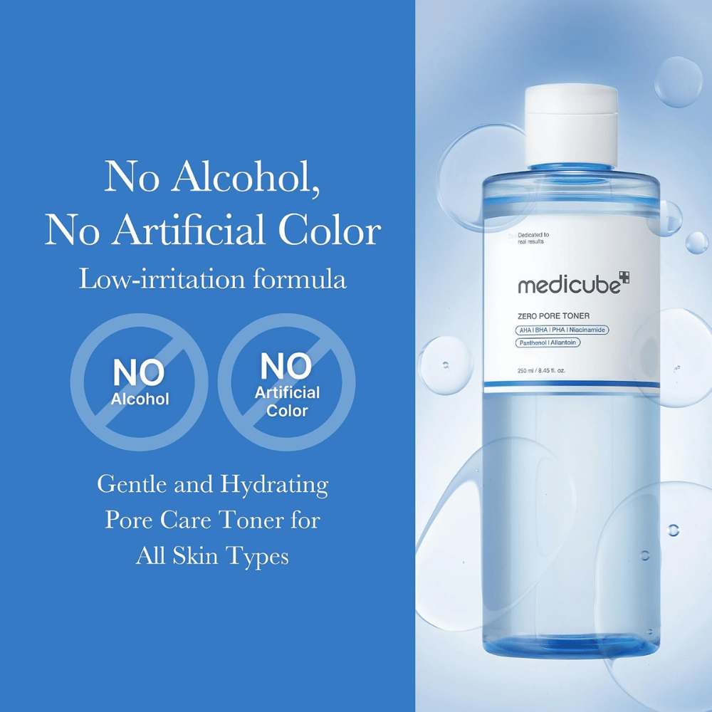 Medicube Zero Pore Toner 250 ml, kosteuttava kasvovesi ilman alkoholia ja keinotekoisia väriaineita. Sininen pullo vesikuplilla.