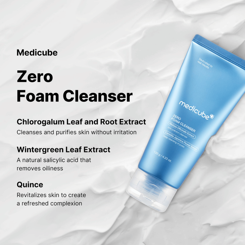 Medicube Zero Foam Cleanser – hellävarainen ja syväpuhdistava kasvojenpesu.

🌿 Chlorogalum-uute – Puhdistaa ja puhdistaa ihoa ärsyttämättä.
🍃 Wintergreen-uute – Luonnollinen salisyylihappo, joka tasapainottaa öljyntuotantoa.
🍏 Kvittenuute – Elvyttää ihoa ja antaa raikkaan hehkun.

Täydellinen puhtaalle, tasapainoiselle ja virkistyneelle iholle!