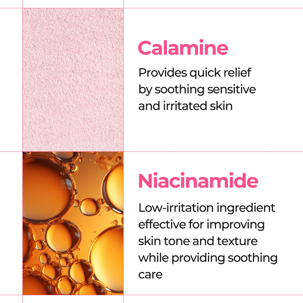 Lähikuva kalamiinista ja niasiinamidista, jotka rauhoittavat herkkää ihoa Dr. Melaxin Melting Cleanser