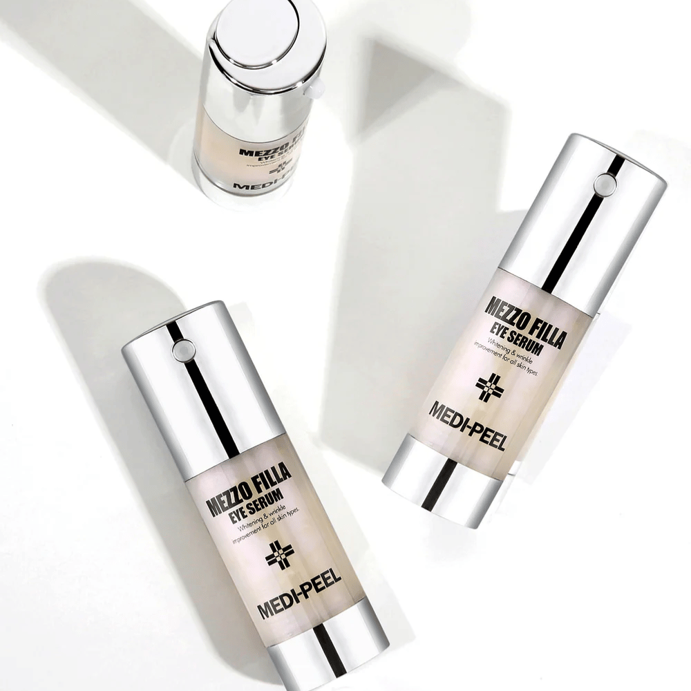 MEDI-PEEL Mezzo Filla Eye Serum eri kulmista – korealainen silmäseerumi, jossa on peptidejä ja hyaluronihappoa kiinteämmälle iholle ja vähentyneille rypyille silmien ympärillä.