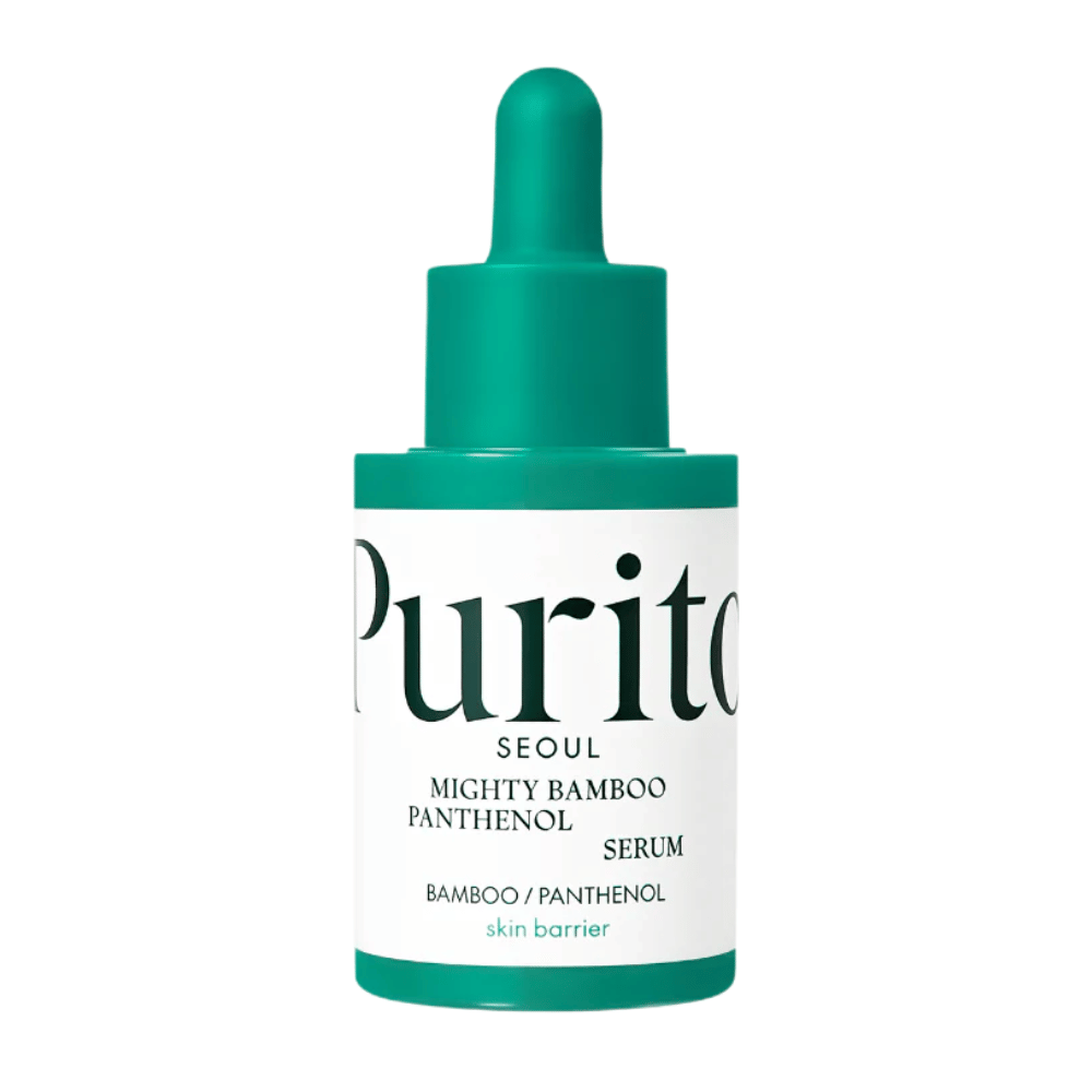 Purito Mighty Bamboo Panthenol Serum – minimalistinen vihreä pullo hoitavaa seerumia herkälle ja kuivalle iholle.