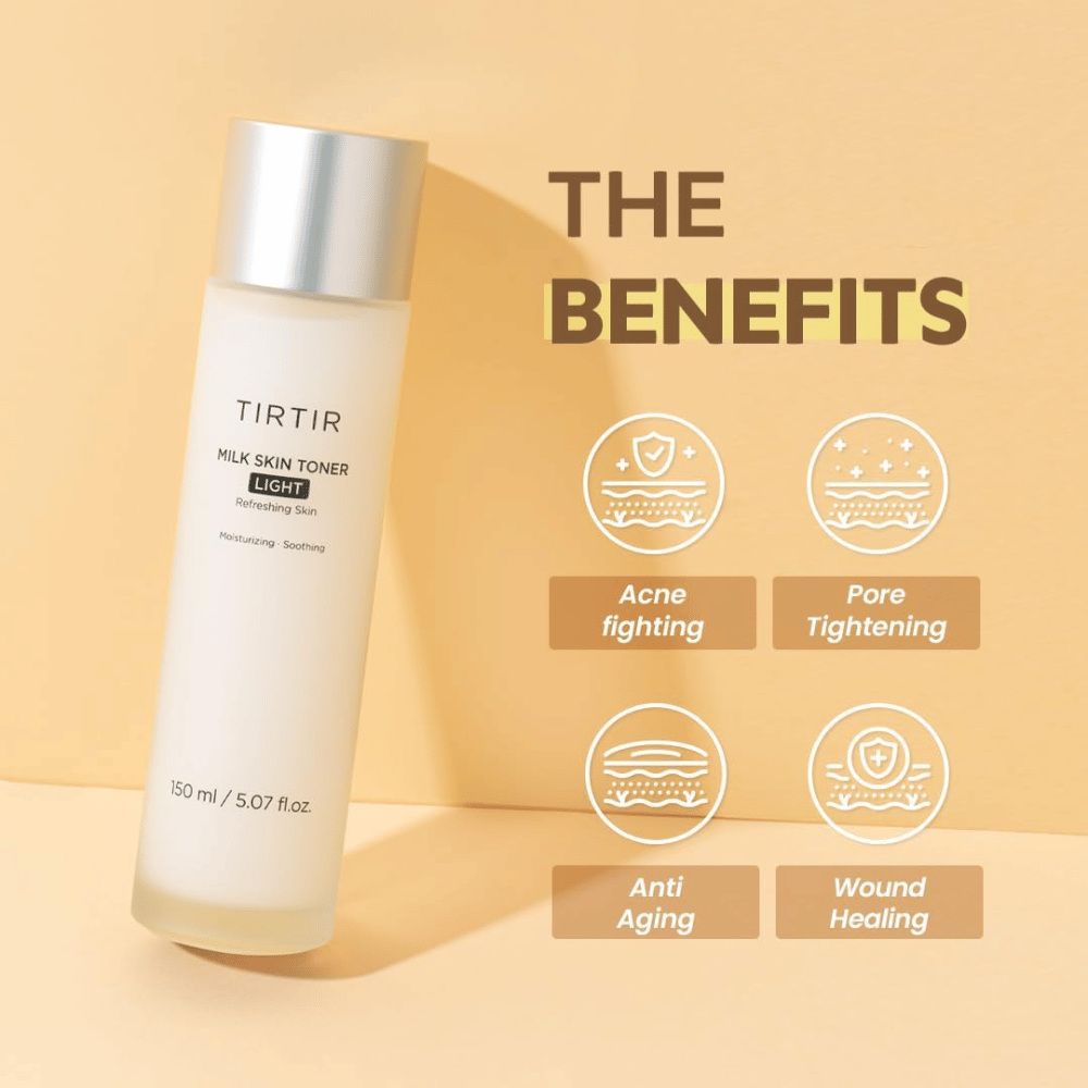 Tuotekuva "TIRTIR Milk Skin Toner Light" keltaisella taustalla tekstillä "THE BENEFITS". Pullo esitetään ikoneilla, jotka korostavat sen ominaisuuksia: taistelee aknea vastaan, supistaa huokosia, ikääntymistä estävä ja parantaa haavoja.