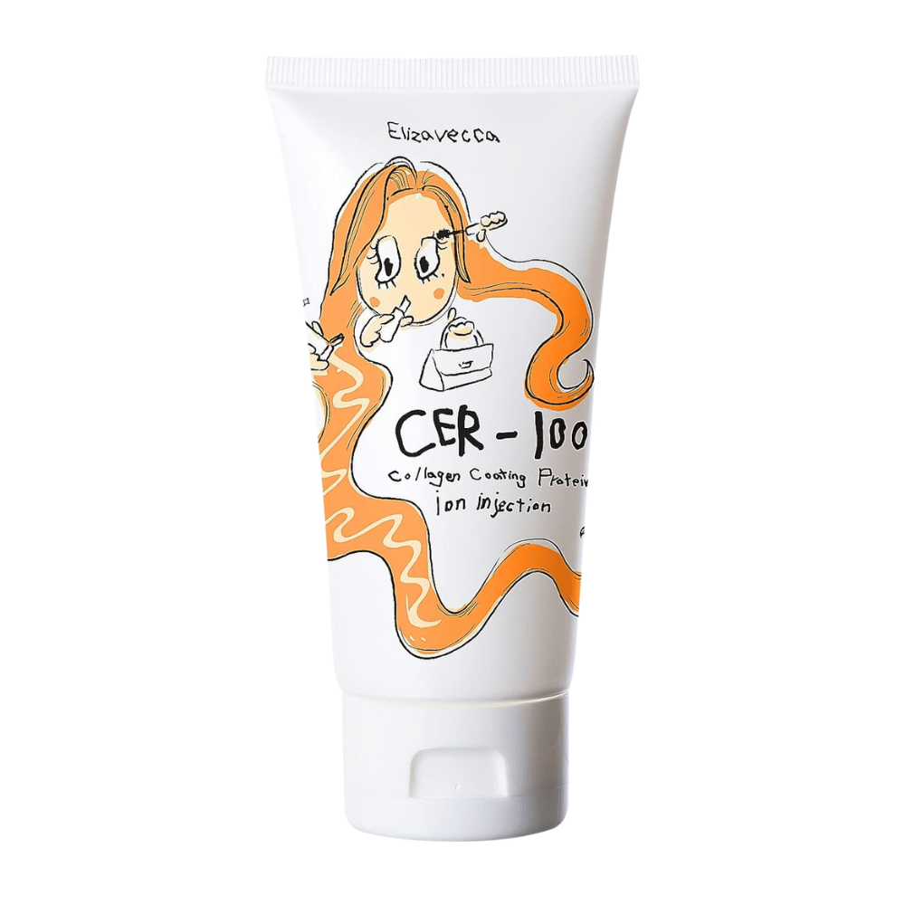 Tuotekuva tuotteesta Elizavecca CER-100 Collagen Coating Protein Ion Injection, jossa on havainnollistava design ja oransseja yksityiskohtia.