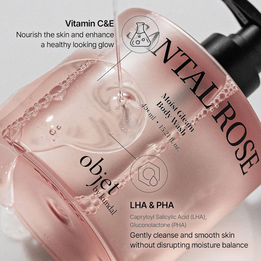 Objet by KUNDAL Santal Rose Moist Gleam Body Wash C- ja E-vitamiinilla sekä kuorivilla LHA- ja PHA-hapoilla.