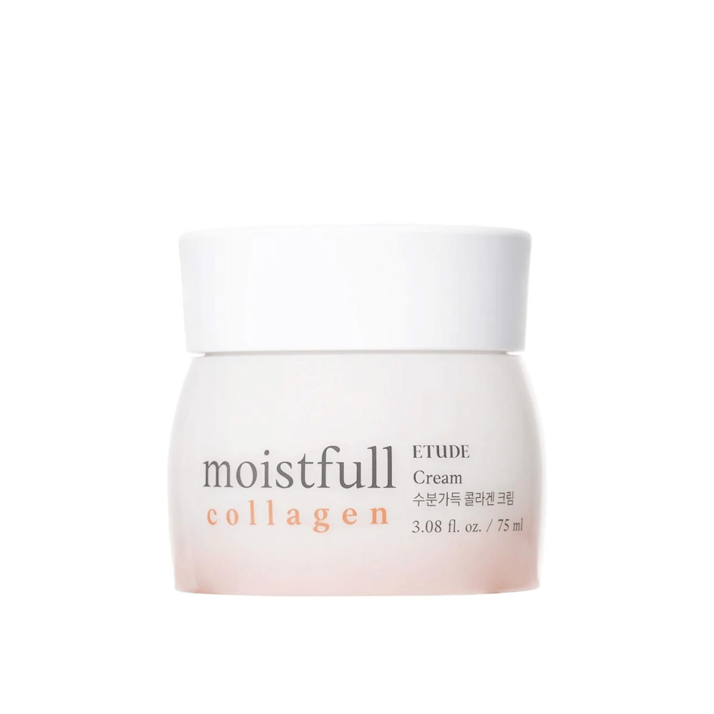 Purkillinen "Moistfull Collagen Cream" ETUDE:sta, valkoinen tausta.